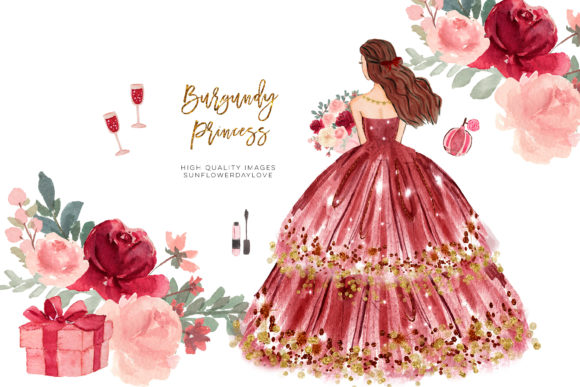 Elegant Marsala Princess Wedding Clipart for Romantic Designs