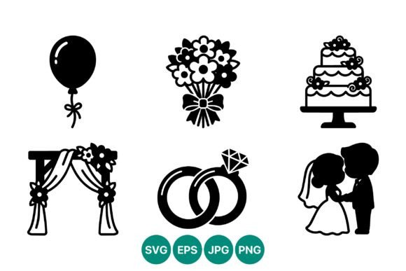 Elegant Wedding Icons Set: Black & White Silhouette Collection
