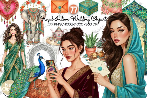Royal Indian Wedding Clipart: Vibrant Design Elements