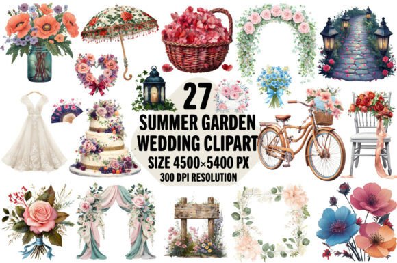 Summer Garden Wedding Clipart Bundle: 27 Floral PNGs for Your Designs