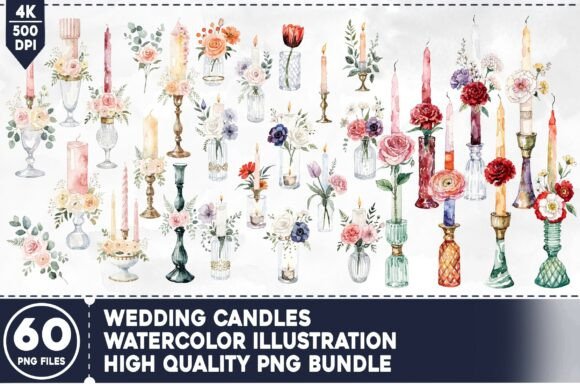 Wedding Candles Watercolor PNG Bundle: Romantic Designs for Your Projects